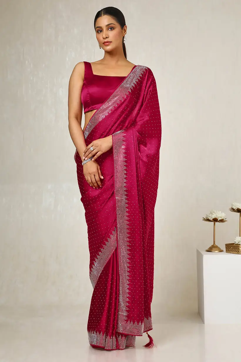 Fuchsia Satin Embellished Saree With Stone Work